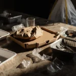 Crumpled pizza box sits on messy counter with scattered takeout containers and wrappers showing kitchen waste