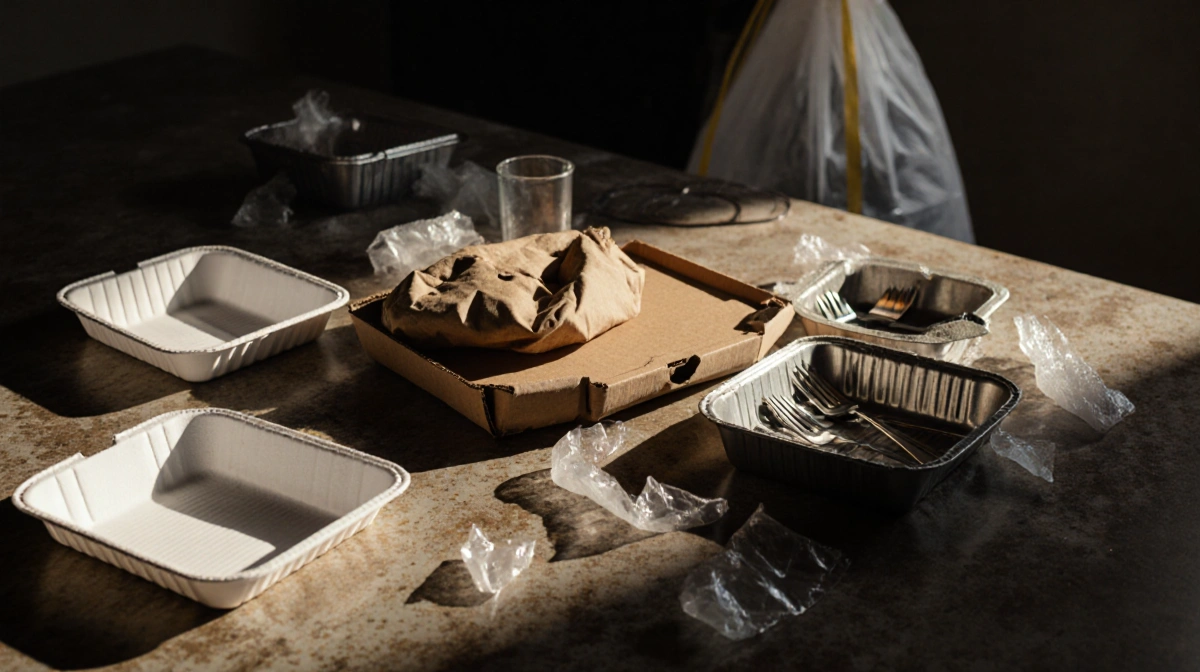 Crumpled pizza box sits on messy counter with scattered takeout containers and wrappers showing kitchen waste