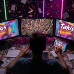 Creative professional frantically editing Takis video submission with multiple screens glowing in neon-lit workspace