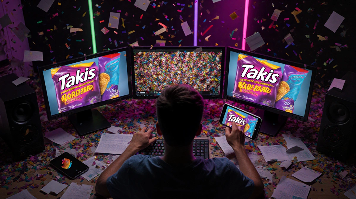 Creative professional frantically editing Takis video submission with multiple screens glowing in neon-lit workspace