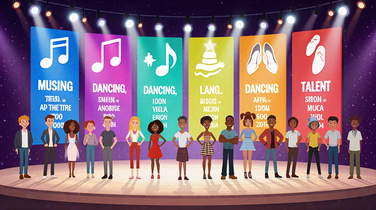 Diverse contestants stand on colorful stage with talent category banners and bright audition lighting