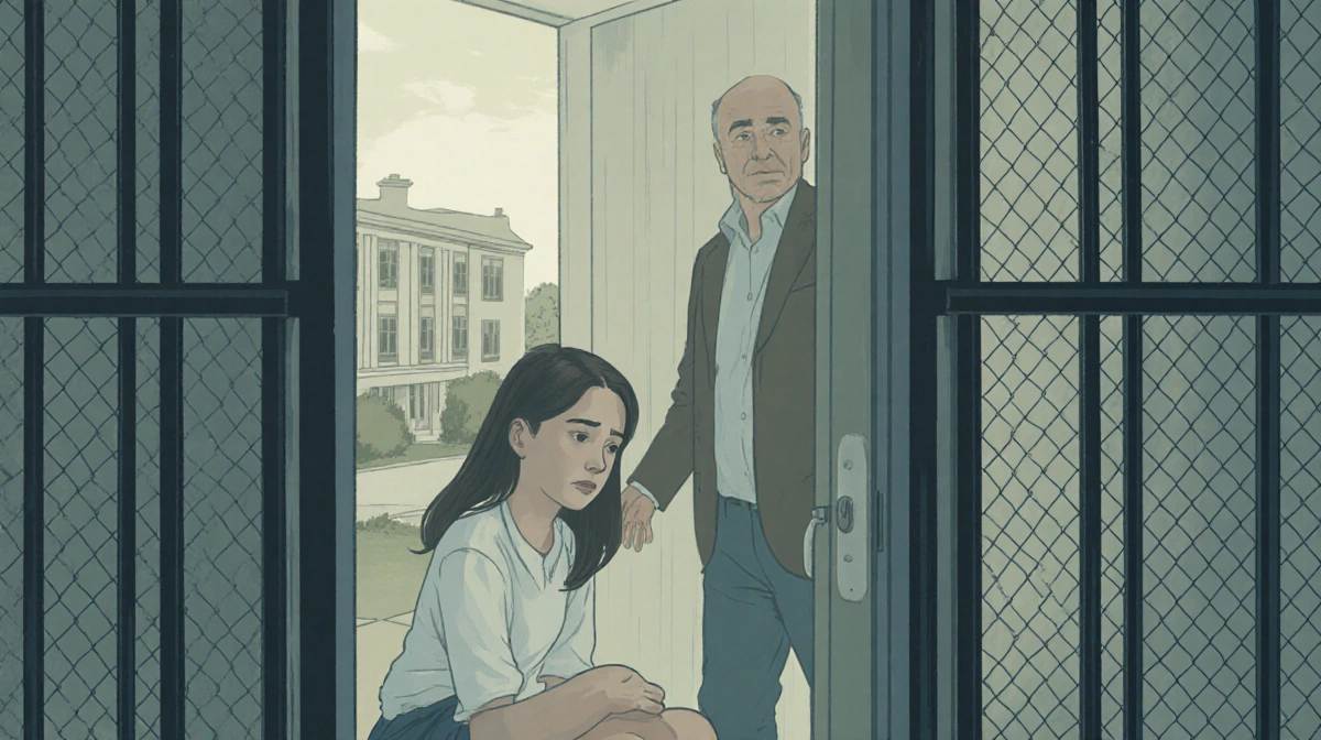 Talia Ray stands near her dorm room entrance with a concerned expression and chain-link fencing visible on nearby buildings h