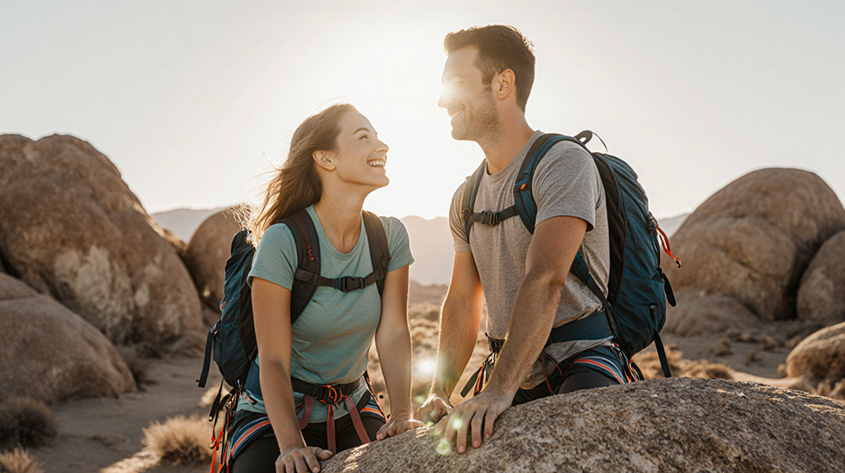 Tamma and Dan stand on a rocky boulder with warm desert sun and climbing gear scattered around exuding adventurous joy