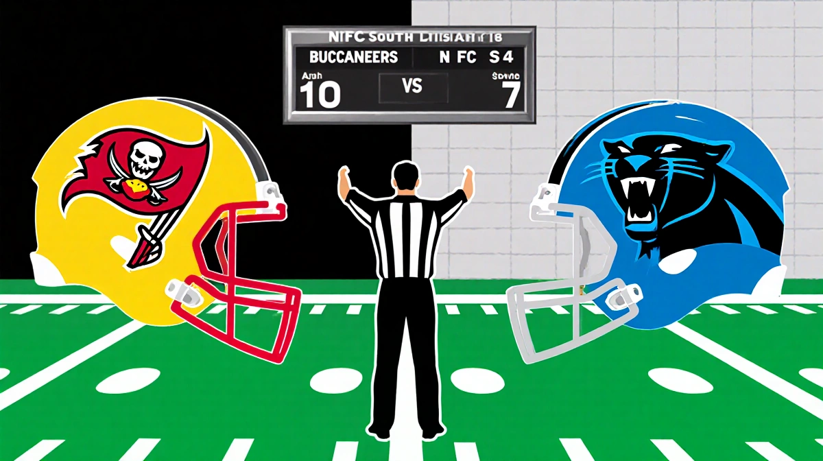 Split screen football fields show Buccaneers and Panthers tied at 50-yard line with referee between and scoreboard 10-7