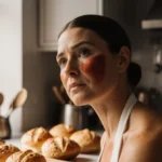 Tana Ramsay stands contemplatively in sunny kitchen with visible melasma patches and baking utensils softly blurred behind he