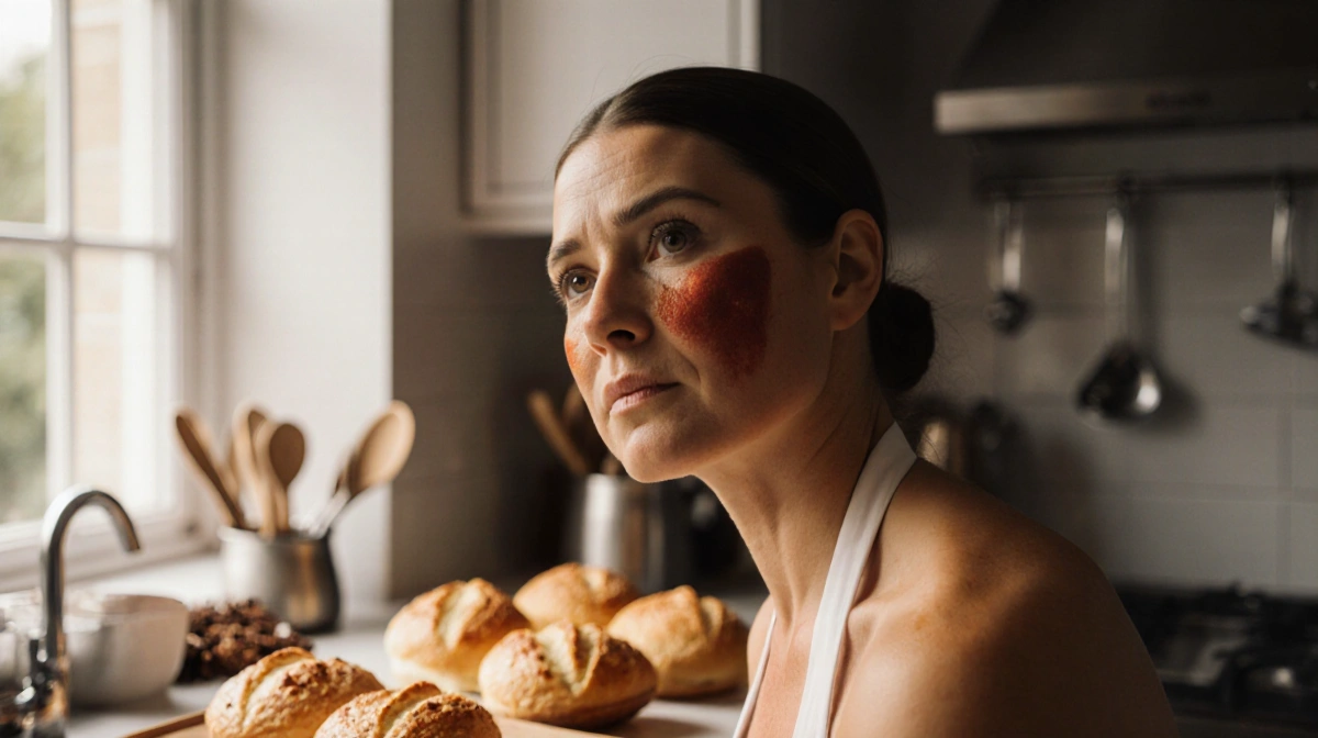 Tana Ramsay stands contemplatively in sunny kitchen with visible melasma patches and baking utensils softly blurred behind he