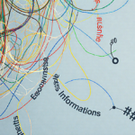 Tangled web intertwining colorful threads with calm blue background and subtle connecting lines