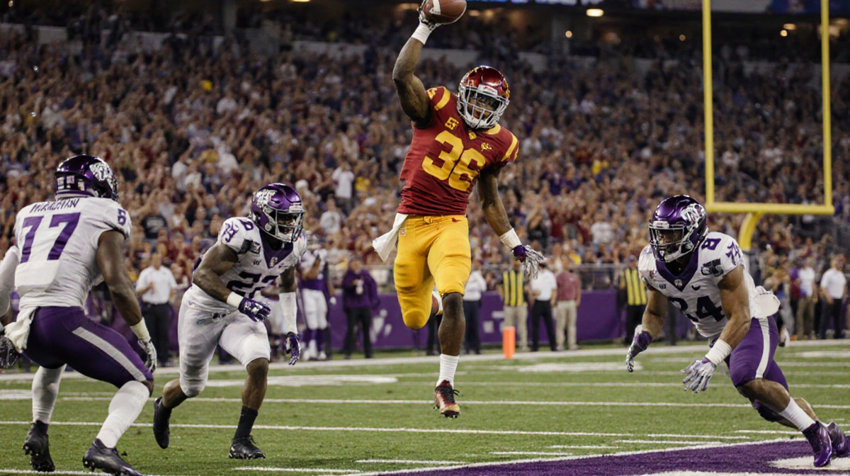 Tanook Hines leaping into the air with ball in hand and USC jersey amid a blurred Alamo Bowl stadium with TCU players