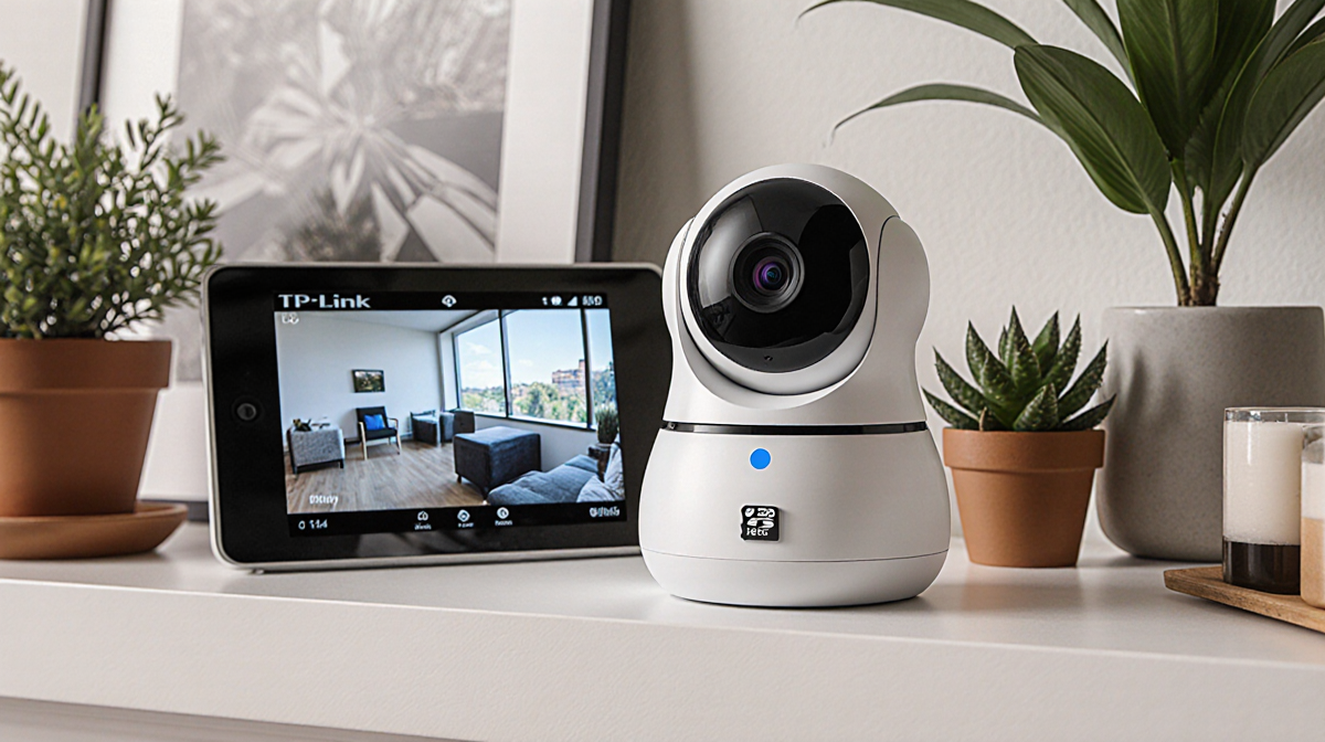Home security camera showing a blurred live feed on its display with a microSD card slot and plants in a living room shelf