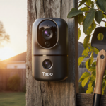 Tapo MagCam 2K Plus security camera mounts on fence post with warm sunset light and garden tools