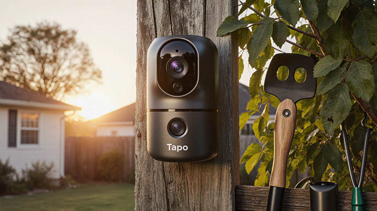 Tapo MagCam 2K Plus security camera mounts on fence post with warm sunset light and garden tools