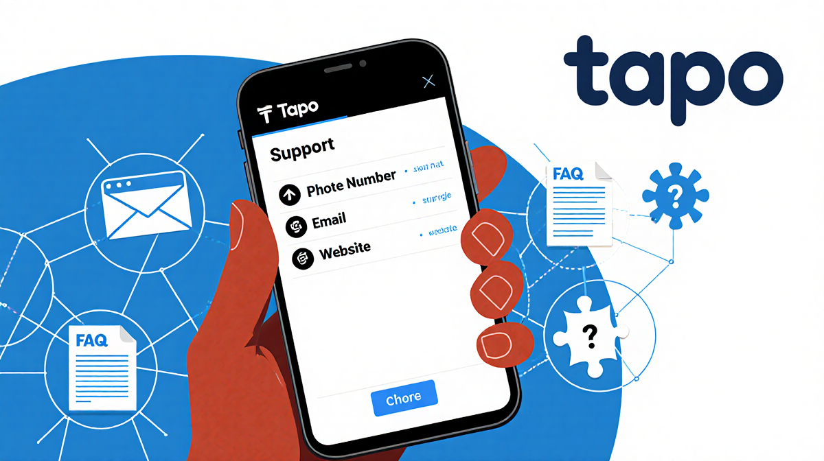Person holding a smartphone with the Tapo app open showing support options and connected knowledge base pages with Tapo logo.