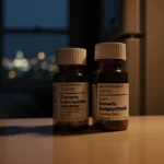 Two pill bottles labeled Generic Tardive Dyskinetic Syndrome and Generic Antipsychotic sit on kitchen table with dark refrige