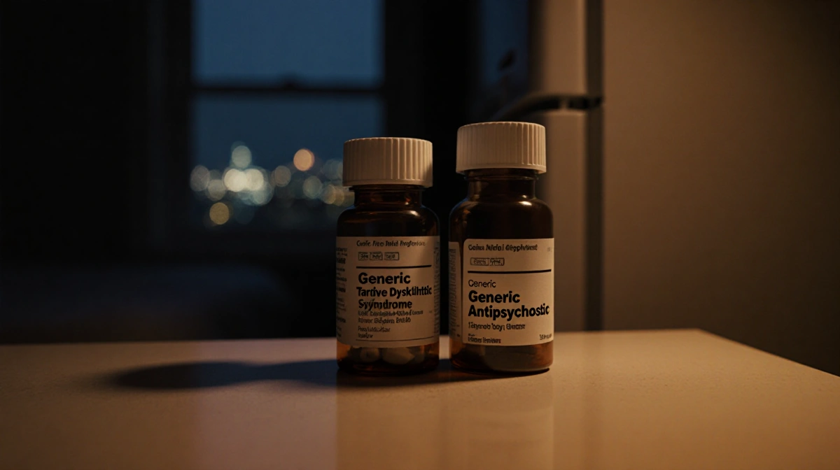 Two pill bottles labeled Generic Tardive Dyskinetic Syndrome and Generic Antipsychotic sit on kitchen table with dark refrige