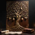 Medieval Targaryen family tree carved in wood with golden filigree and dragon eggs on ancient books