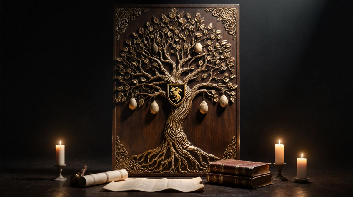 Medieval Targaryen family tree carved in wood with golden filigree and dragon eggs on ancient books