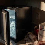 Minifridge door opens with melted ice inside and Target recall notice showing warning on counter