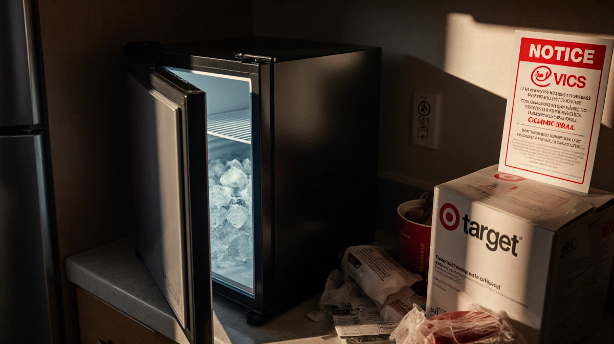 Minifridge door opens with melted ice inside and Target recall notice showing warning on counter