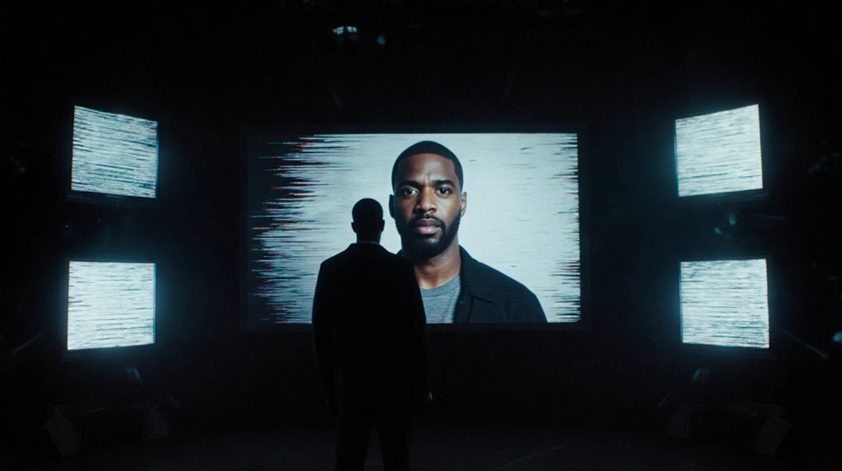 Tariq reacts with surprise on TV screen with static effects and glowing monitors in dark room