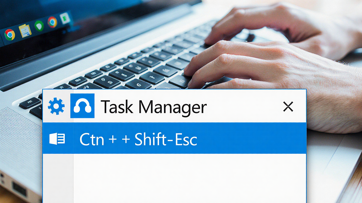 Task Manager icon highlighted on taskbar with Ctrl+Shift+Esc shortcuts in blue and faint blurred person typing behind