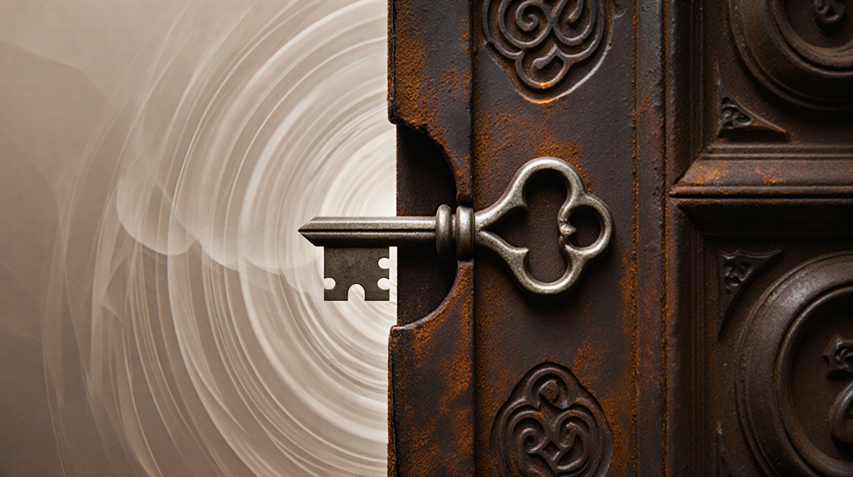Key locking into rusty door with swirling patterns and muted earthy tones