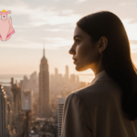 Taurus woman standing and gazing at dusk cityscape with warm golden light and subtle planetary symbols in background