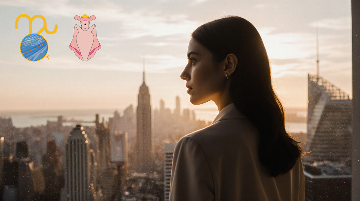 Taurus woman standing and gazing at dusk cityscape with warm golden light and subtle planetary symbols in background