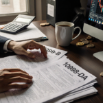 Person sitting at cluttered desk reviewing crypto exchange with tax forms and coffee