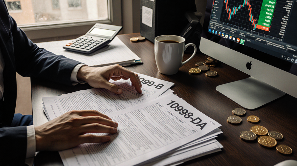Person sitting at cluttered desk reviewing crypto exchange with tax forms and coffee