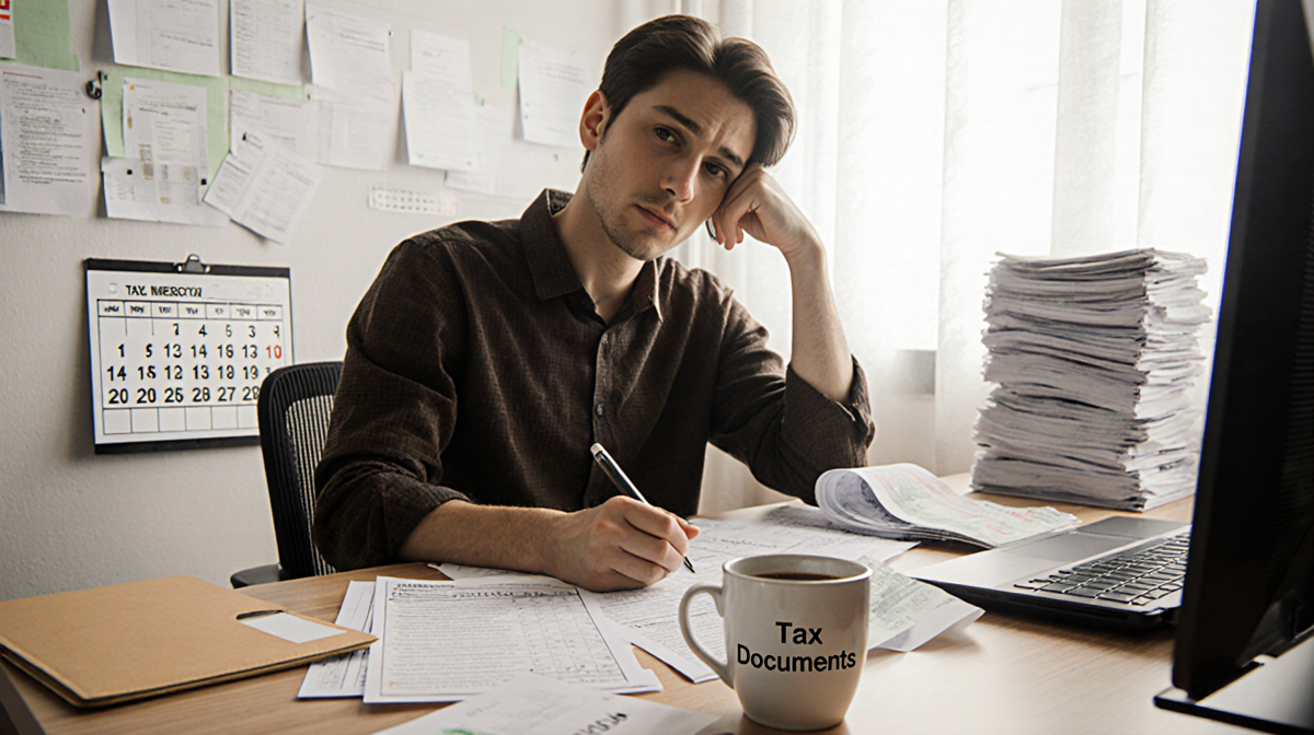 Person sitting at desk with coffee cup and organized Tax Documents folder in front while bills and calendar fill background