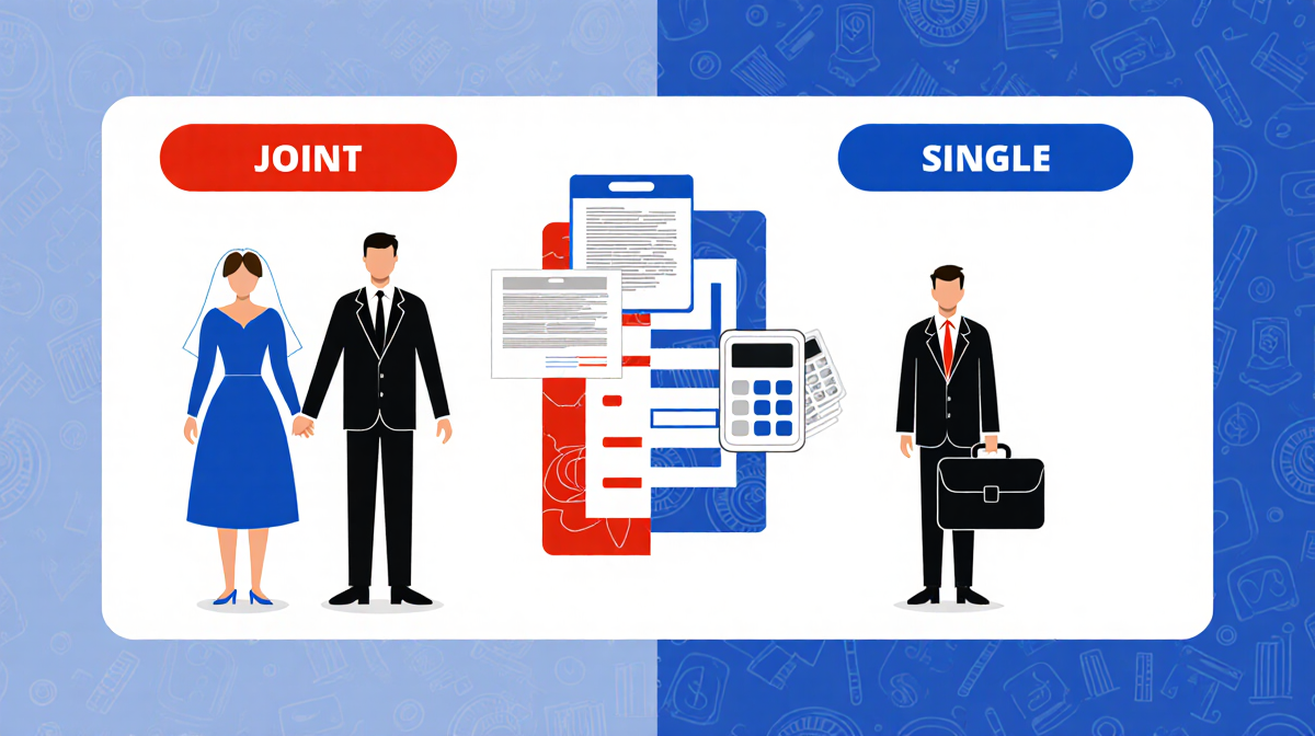 Figure stands between married couple holding hands and single person with calculator illustrating tax filing status