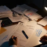 Person sorting tax papers at cluttered desk with W-2 form and calculator under warm lamplight
