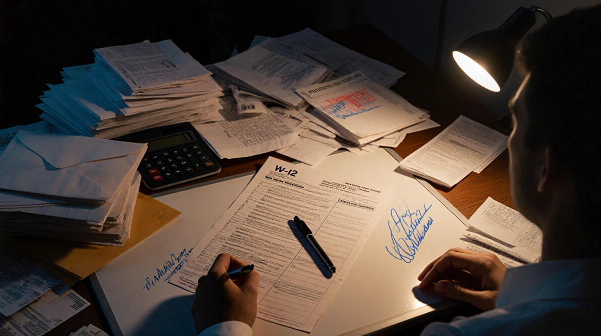 Person sorting tax papers at cluttered desk with W-2 form and calculator under warm lamplight