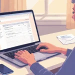 Person filing taxes online with laptop and unopened envelope beside window with natural light