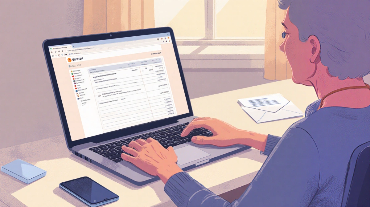 Person filing taxes online with laptop and unopened envelope beside window with natural light