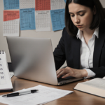 Person holding a laptop with head bowed surrounded by tax season paperwork and office desk.