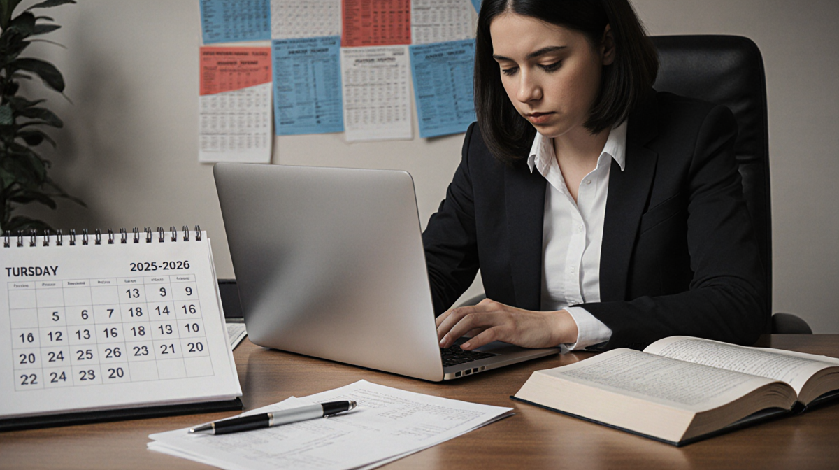 Person holding a laptop with head bowed surrounded by tax season paperwork and office desk.