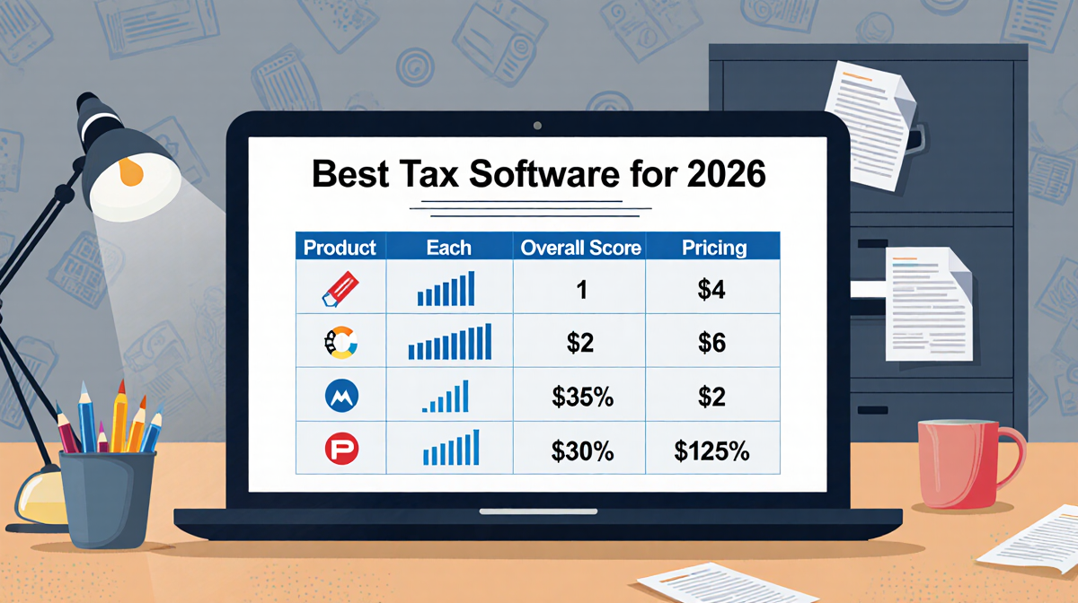 Laptop displaying tax software scorecard with product icons and bar charts against paper texture.