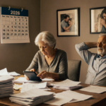Middle‑aged couple reviewing tax paperwork with calculator and documents on kitchen table with calendar 2026 in background
