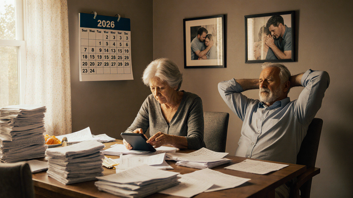 Middle‑aged couple reviewing tax paperwork with calculator and documents on kitchen table with calendar 2026 in background