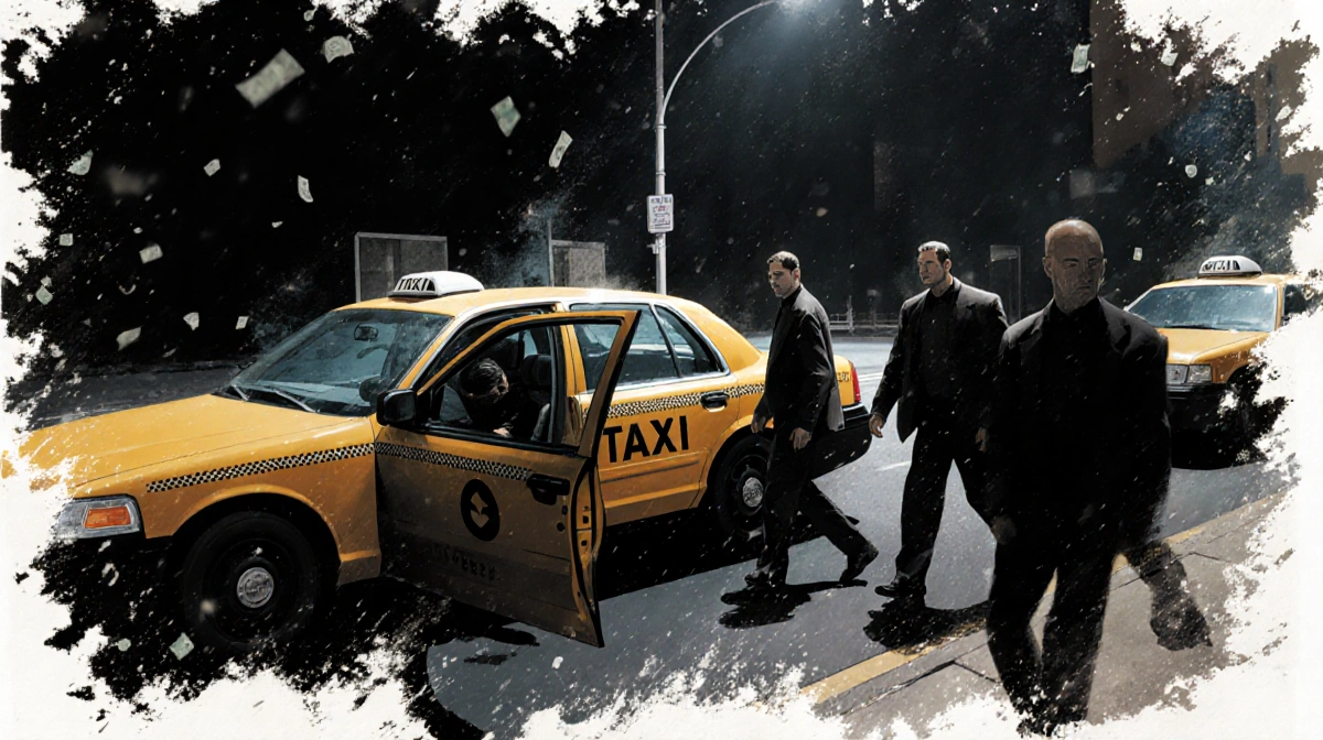 Empty taxi with open door shows slumped figure inside with blurry men leaving and dark smudges hinting at crime scene