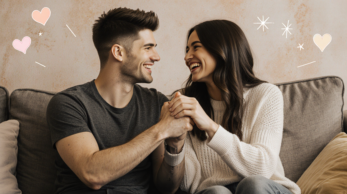 Taylor Lautner and Tay laugh together on couch with entwined fingers forming an S and subtle heart motifs in warm background