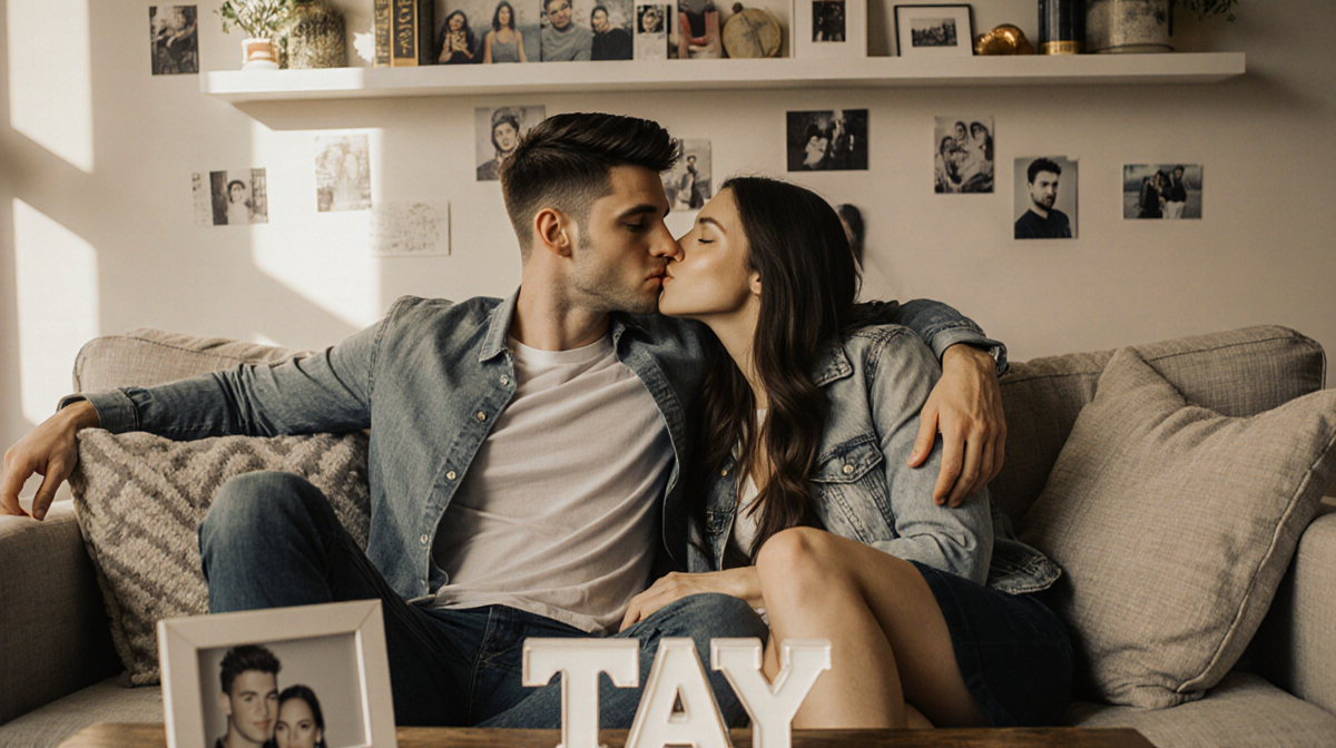 Taylor Lautner kisses his wife on the cheek while she leans into him on a cozy couch with a coffee table book titled Tay.