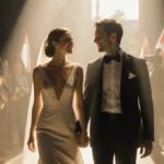 Taylor Zakhar Perez and Nicholas Galitzine smiling in wedding attire on set with film crew and cameras behind them