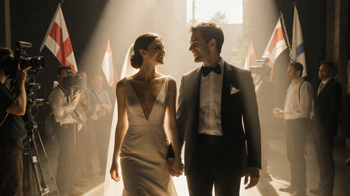 Taylor Zakhar Perez and Nicholas Galitzine smiling in wedding attire on set with film crew and cameras behind them