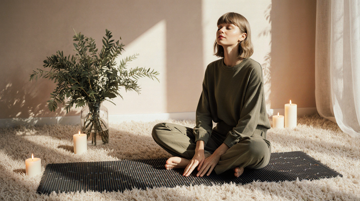 Taylor Swift presses into acupressure mat with plush floor and candles and fresh greenery