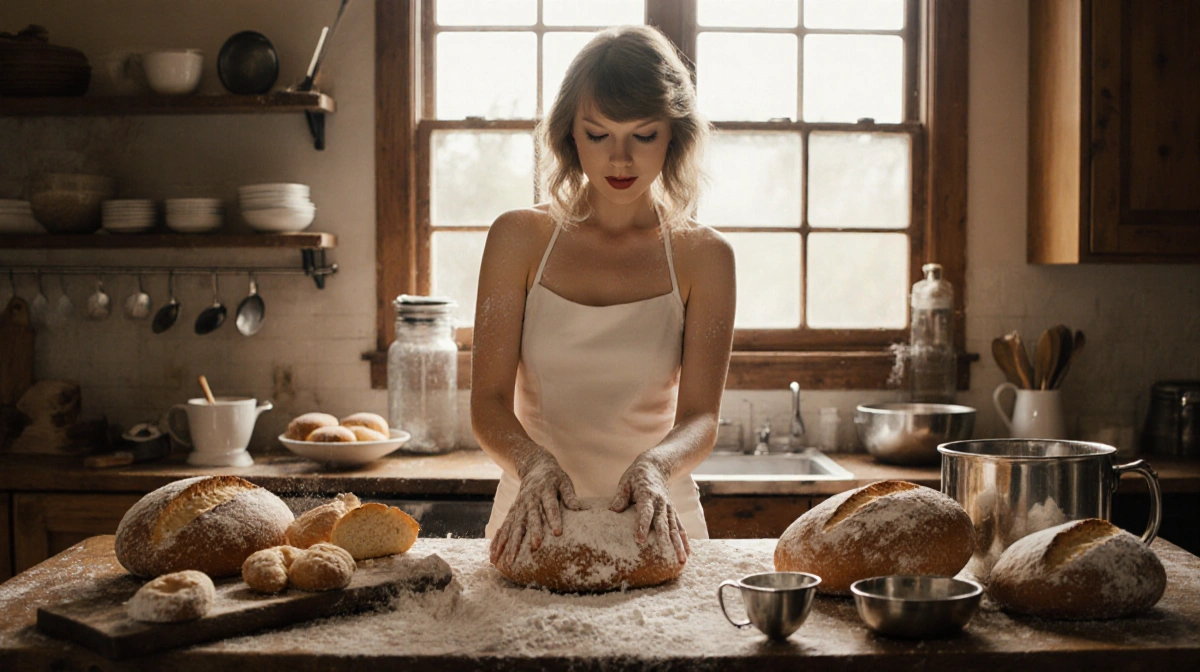 Taylor Swift shaping sourdough loaf with flour-covered hands and artisanal breads on rustic kitchen island