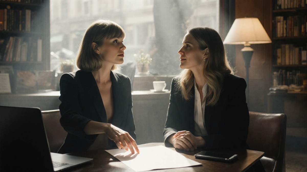 Taylor Swift talking with Blake Lively at table with script between them in cozy coffee shop