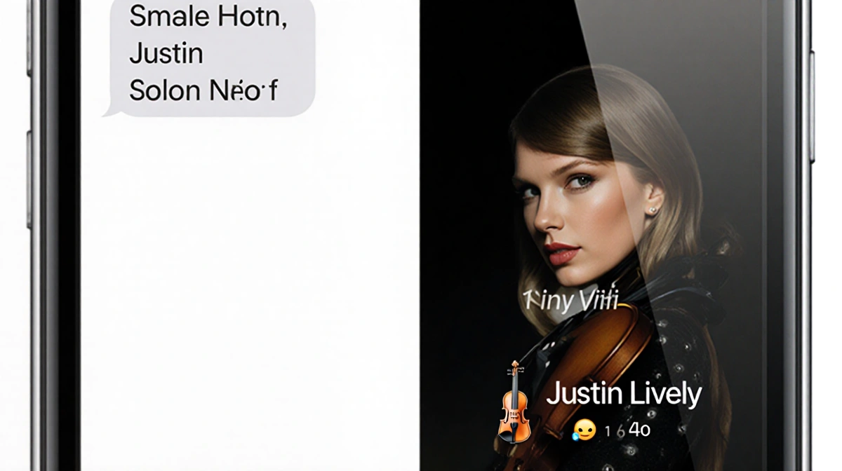 Smartphone screen showing Taylor Swift and Blake Lively text chat with a tiny violin emoji and Justin Baldoni reference.