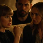 Taylor Swift and Blake Lively talking tensely on couch with Justin Baldoni